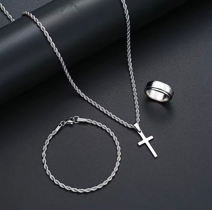Stainless Steel Simple Jewelry Set For Men Women Fashion Silver Color Cross Pendant Twisted Rope Necklace