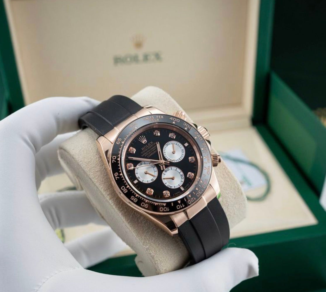 Cosmograph Rose Gold Black Dial Tachymeter Chronograph Auto Rubber