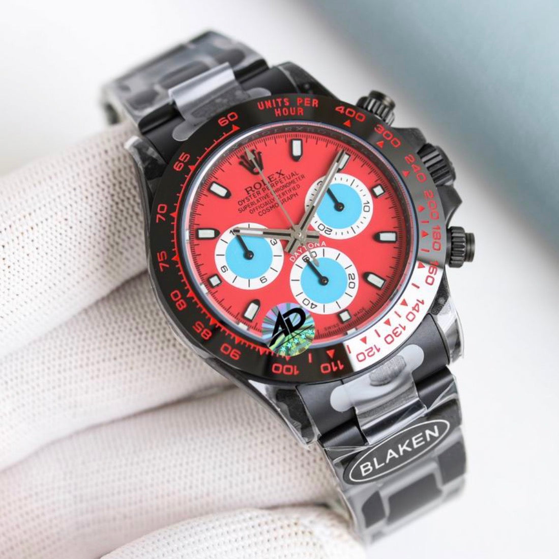 Daytona Customized Red Dial Black Tachymeter Chronograph SS Bracelet
